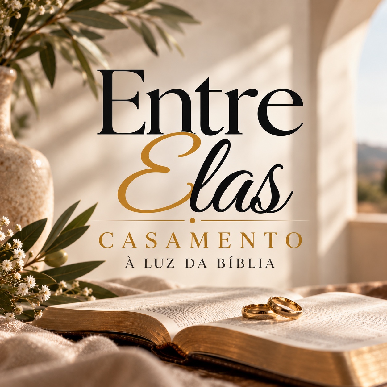 Capa do kit Entre Elas Casamento à Luz da Bíblia: o nome sobre parede clara, com uma Bíblia aberta e duas alianças