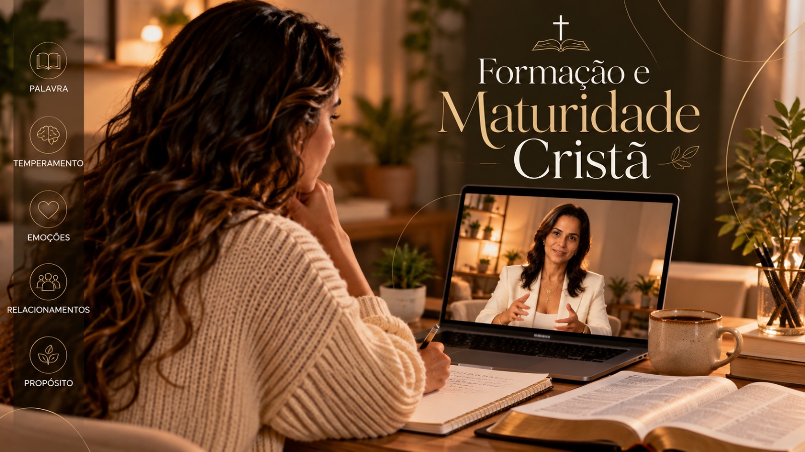 Formação e Maturidade Cristã: uma mulher acompanha um encontro online com a Cristina Moret pelo notebook, com a Bíblia aberta na mesa. Ao lado, as palavras Palavra, temperamento, emoções, relacionamentos e propósito