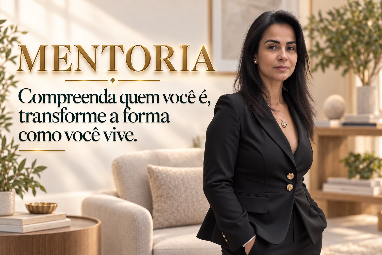Mentoria: compreenda quem você é, transforme a forma como você vive. Cristina Moret de terno preto, em uma sala clara